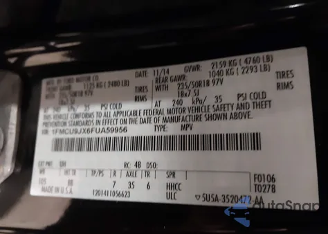 2015 Ford Escape Titanium z USA, uszkodzony, nr VIN 1FMCU9JX6FUA59956